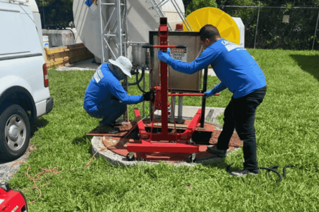 Sewer Line Repair and Maintenance Service Technicians operating sewer repair equipment over an open manhole in a residential area to perform underground drain line maintenance.
