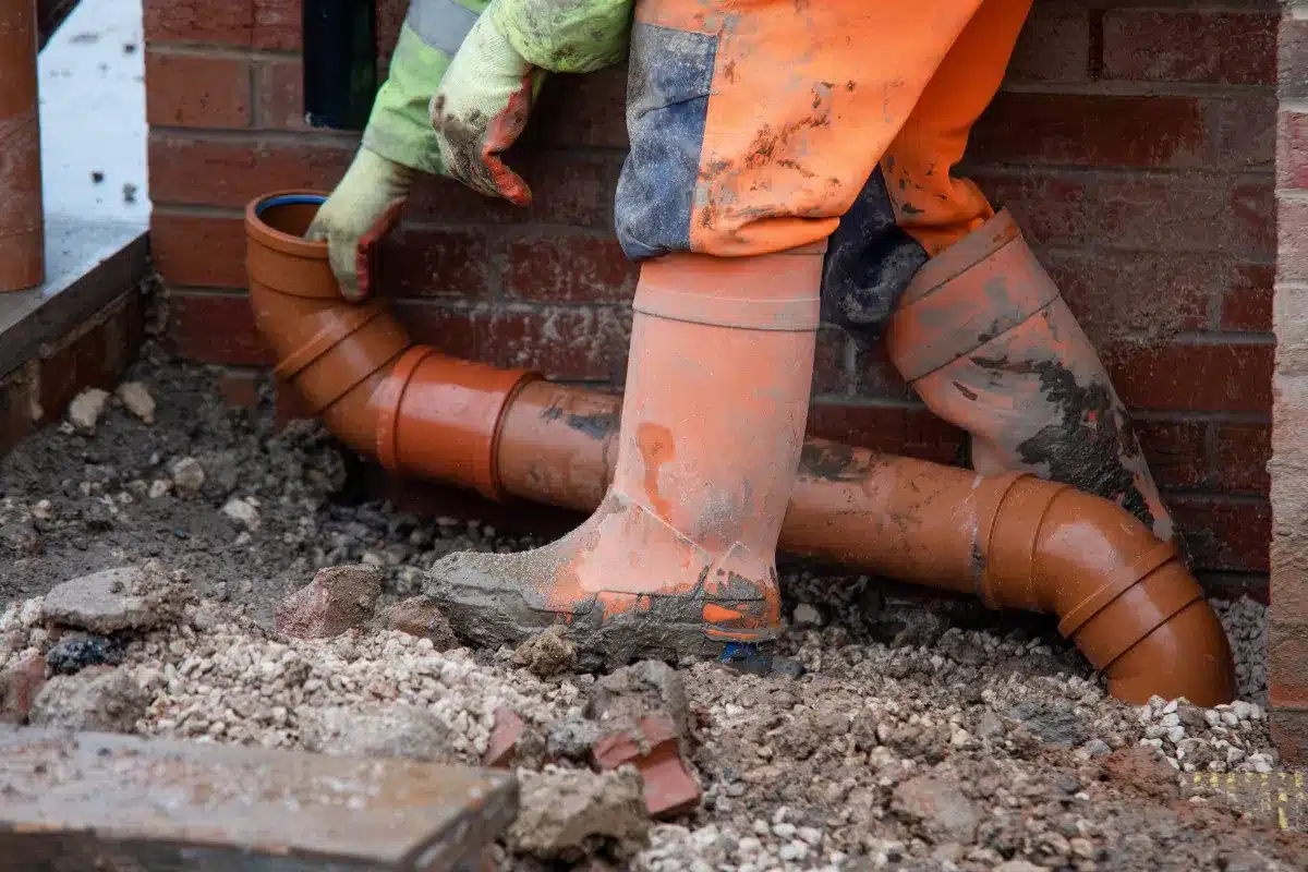 Worker fitting underground PVC drainage pipes near a brick wall, connecting multiple pipe sections for an outdoor sewer or stormwater system installation.