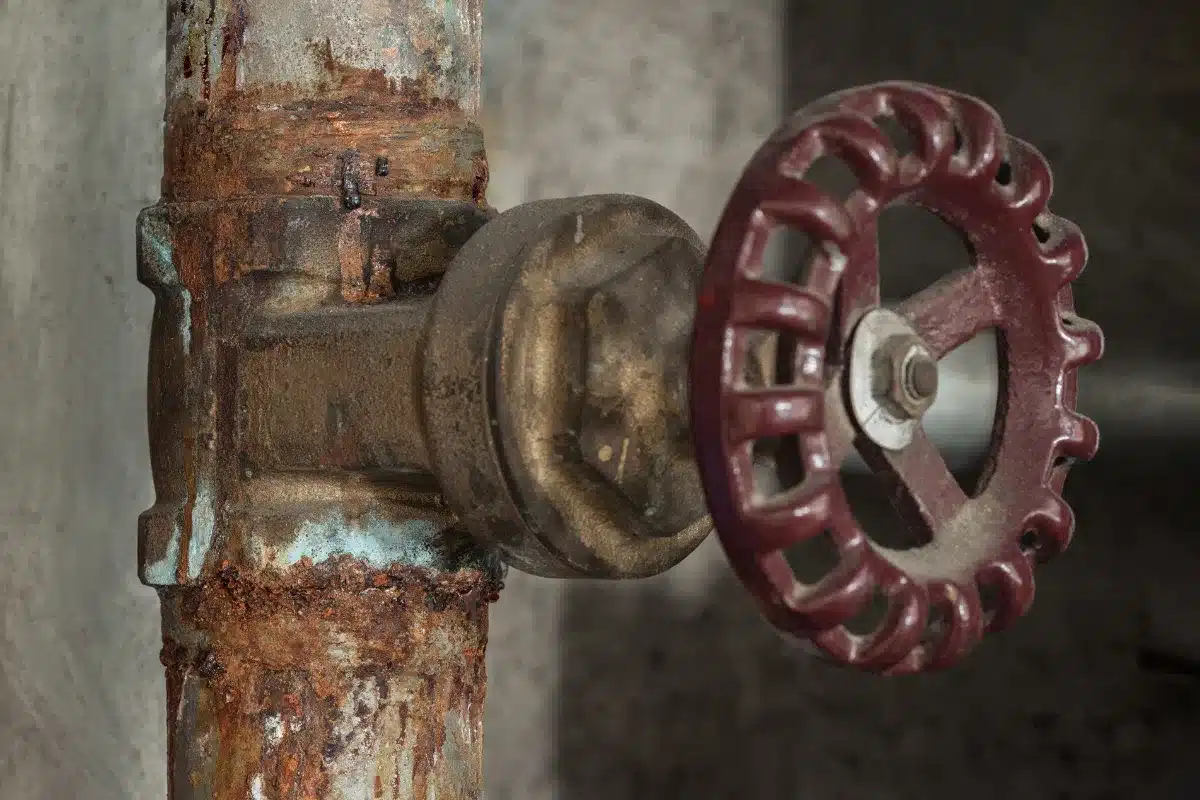 Close-up of an old, corroded metal water shut-off valve with rust buildup on the pipe, indicating aging plumbing and potential maintenance issues.