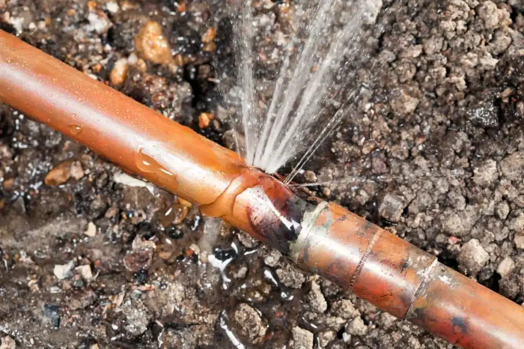 Close-up of a damaged underground copper water pipe spraying water into the surrounding soil, indicating a burst pipe leak.