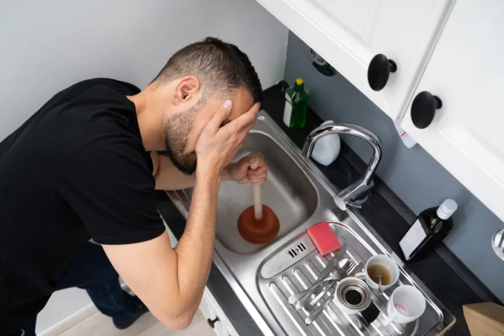 Homeowner using plunger to clear clogged kitchen sink during residential drain blockage issue.