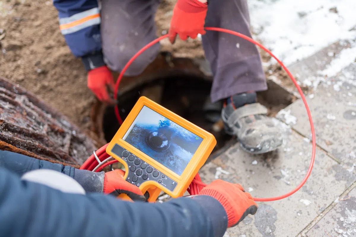 Technician using a sewer inspection camera with monitor to check inside an underground drain line through a manhole opening.