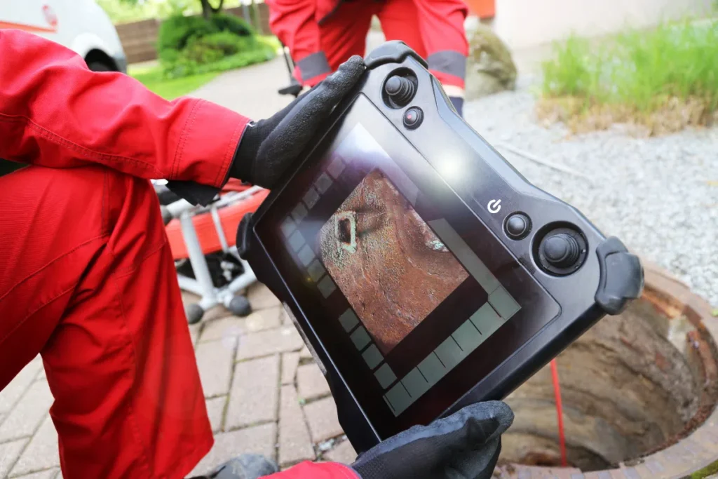 Plumber using drain and pipe camera inspection system to view interior condition of underground drain line.