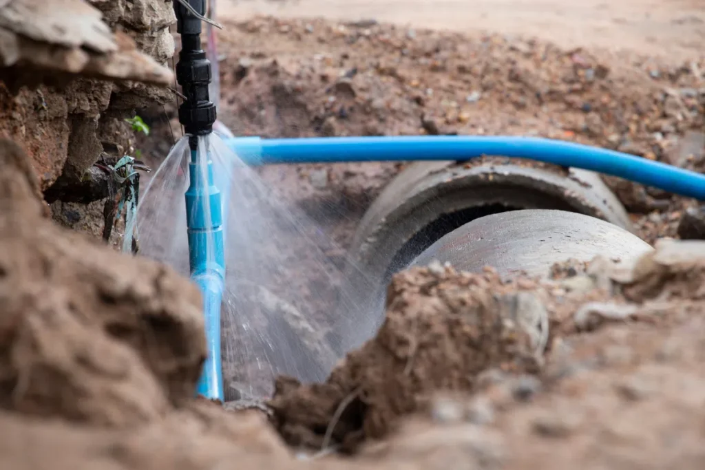 Burst underground water pipe spraying water during leak detection and plumbing repair work.