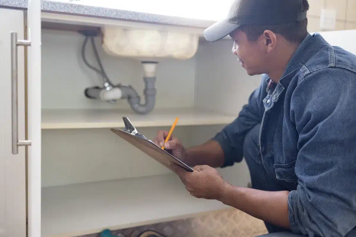 Plumber checking under-sink plumbing and writing notes on clipboard during residential inspection.