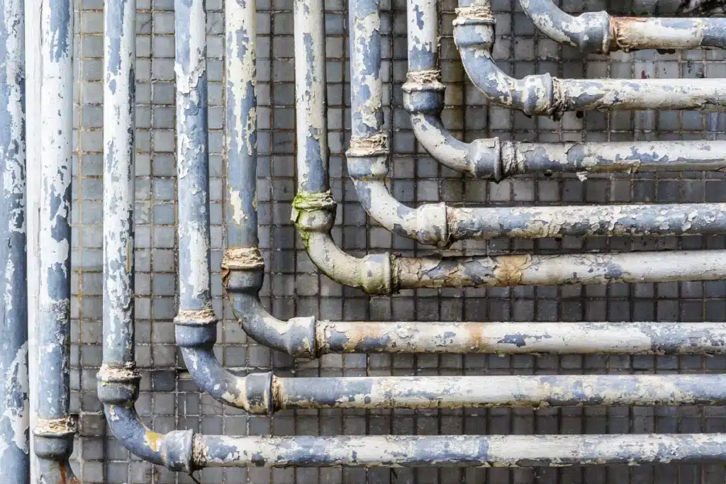 Close-up of old metal plumbing pipes with peeling paint, rust, and corrosion mounted against a tiled wall, illustrating pipe deterioration that can lead to leaks and reduced water flow.