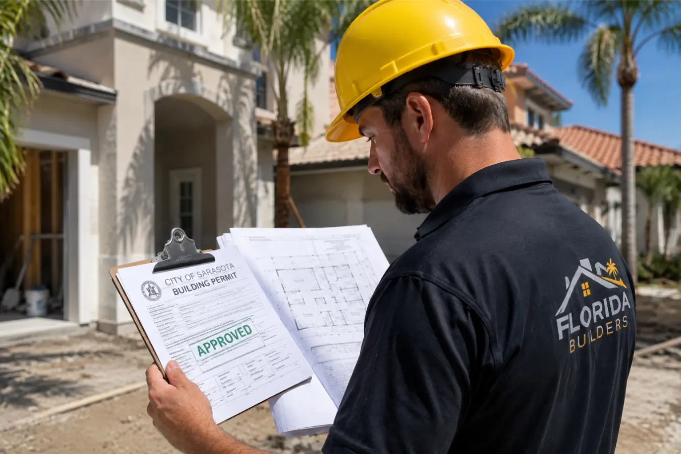 Licensed contractor reviewing approved building permits and renovation plans before starting a residential bathroom remodeling project.