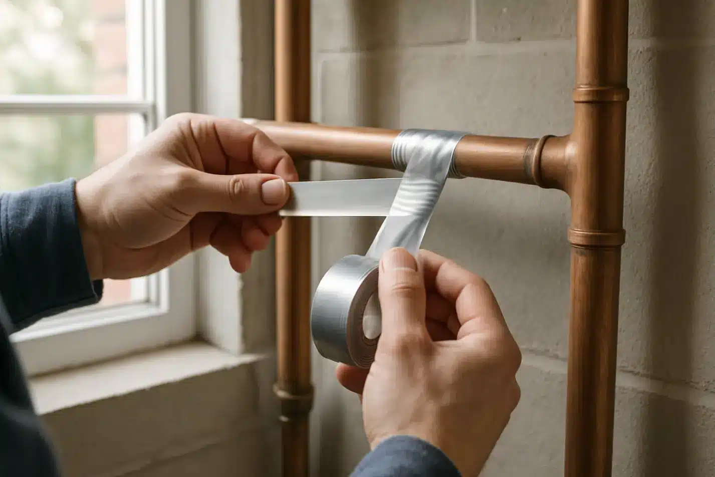 Homeowner applying waterproof repair tape to a leaking copper water pipe as a temporary DIY fix before professional plumbing repair.