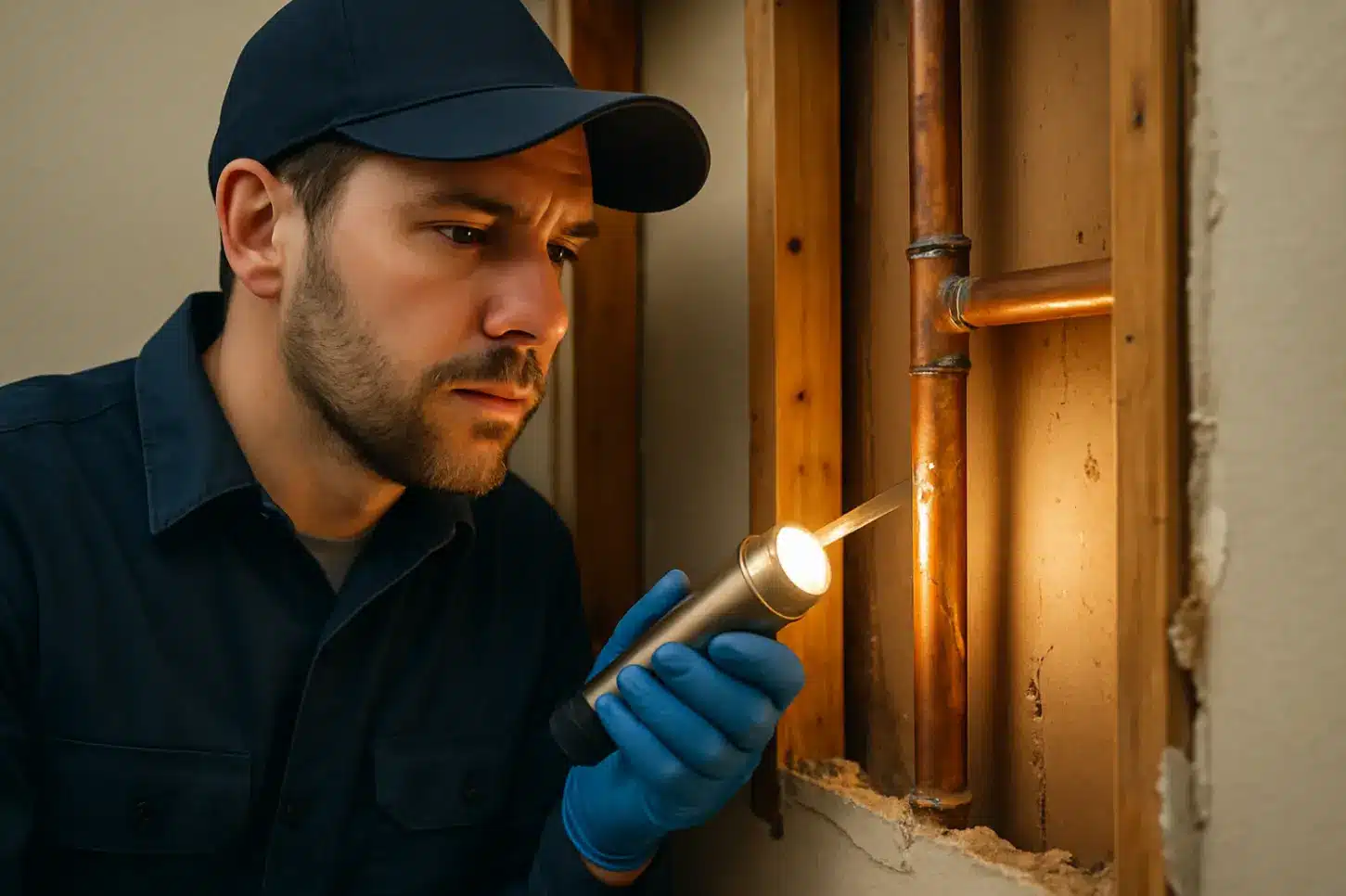Professional plumber inspecting a burst copper water pipe inside a wall to locate the source of a leak before performing emergency pipe repairs.