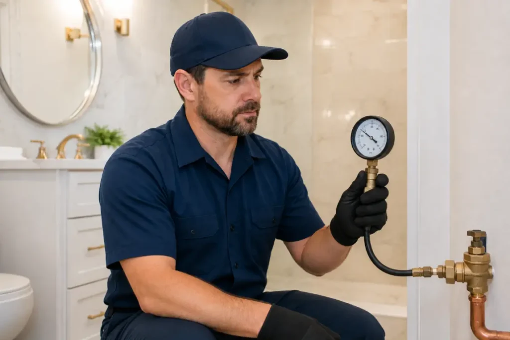 Licensed plumber performing a residential water pressure test using a pressure gauge to diagnose plumbing system performance and detect hidden issues.