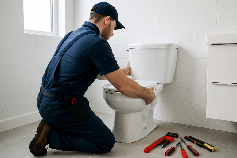 Professional plumber repairing and installing a residential toilet during a bathroom plumbing service.