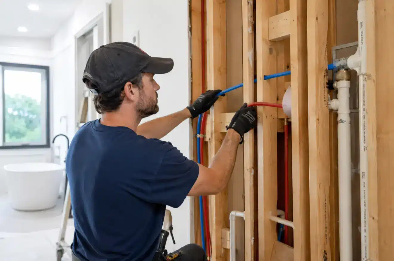 Professional plumber installing new PEX water lines during a whole-home repiping project to replace aging plumbing and improve water flow.