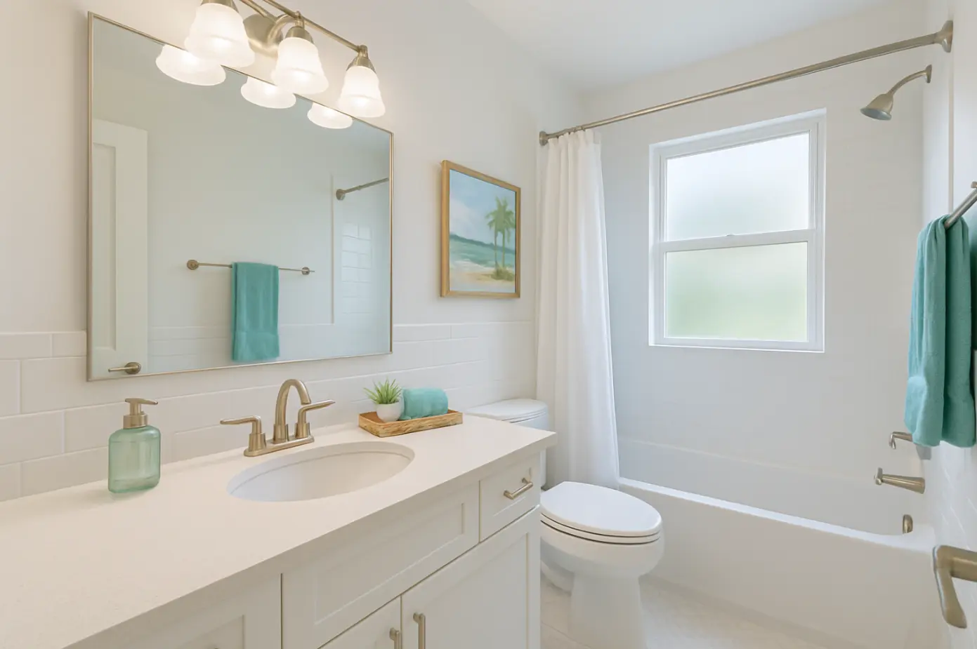 A renovated residential bathroom with white tiles and new fixtures and toilets. Renovation completed by a professional plumbing contractor.