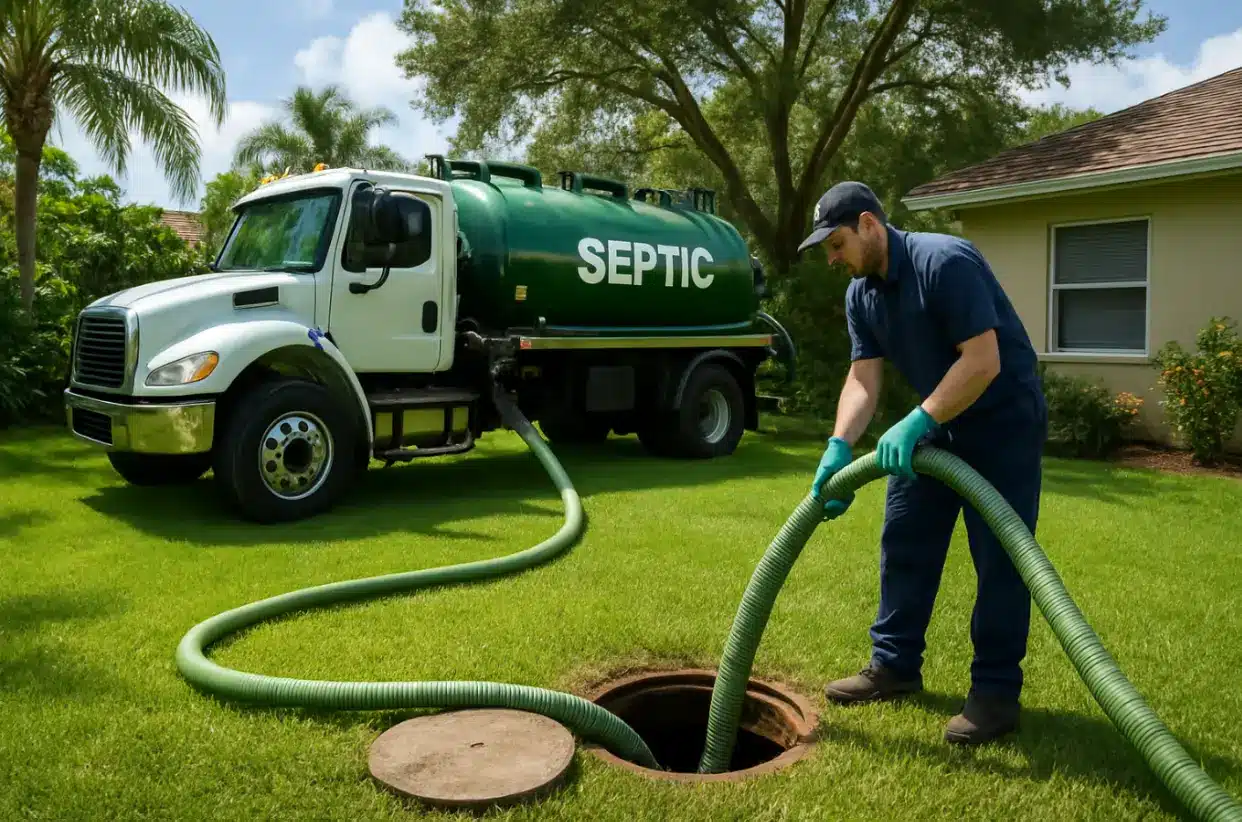 Plumber completing a septic tank pumping service in a residential home in South Florida