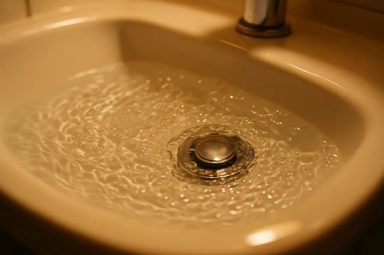 A close up of a clogged bathroom sink