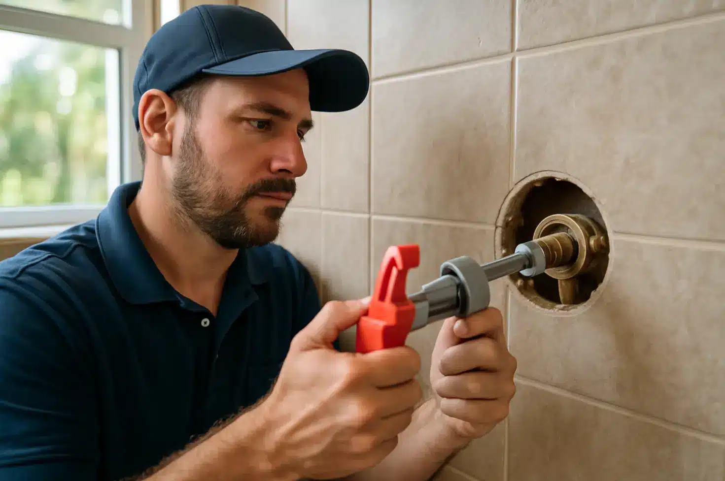Plumber Fixing a Shower Valve Cartridge in a Residential bathroom in Florida