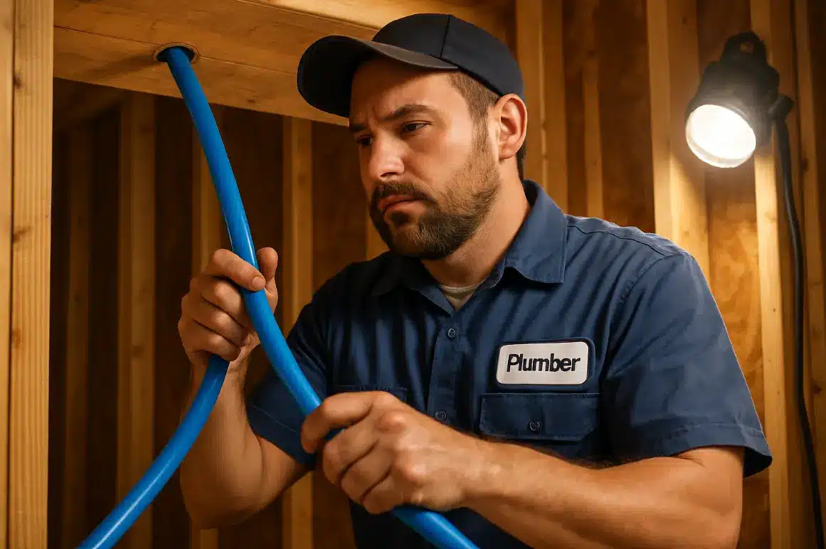 Plumber wearing a dark blue uniform installing PEX tubing in a commercial plumbing system