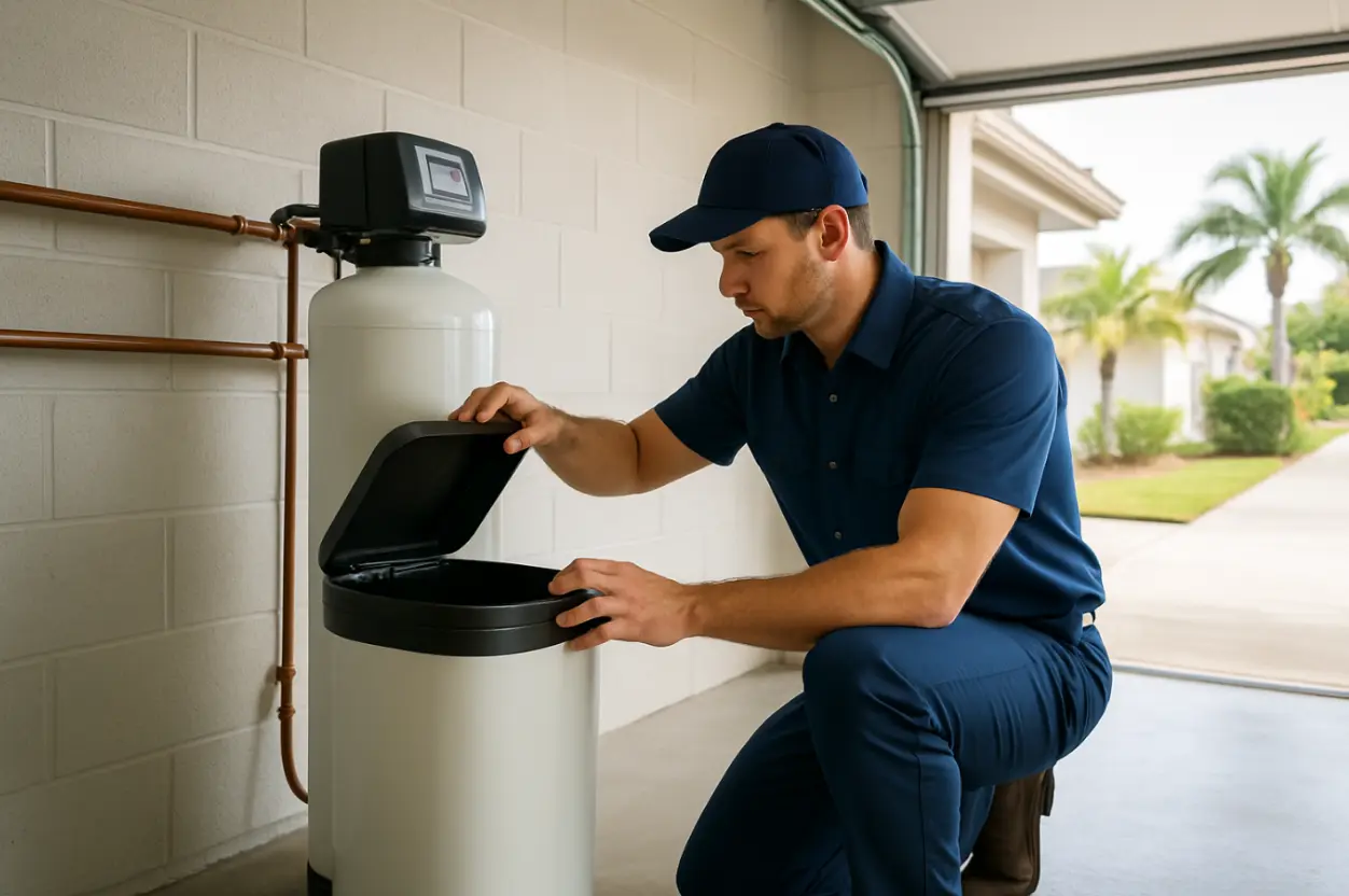 Plumber conducting a plumbing assessment in a residential home in Florida
