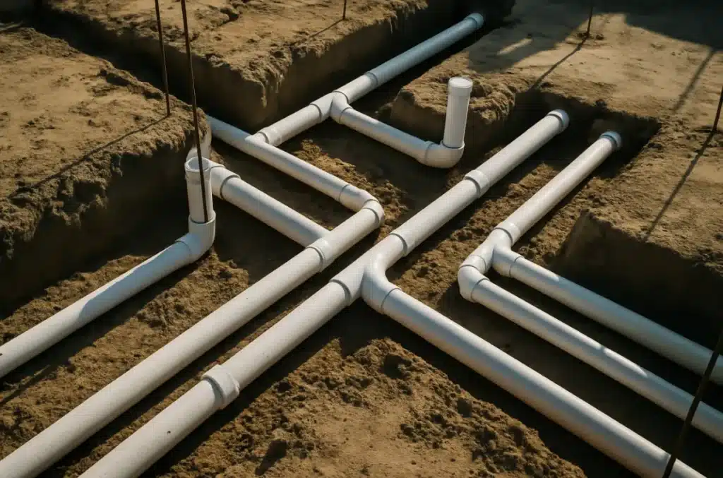 Underground plumbing drainage pipes installed for new construction
