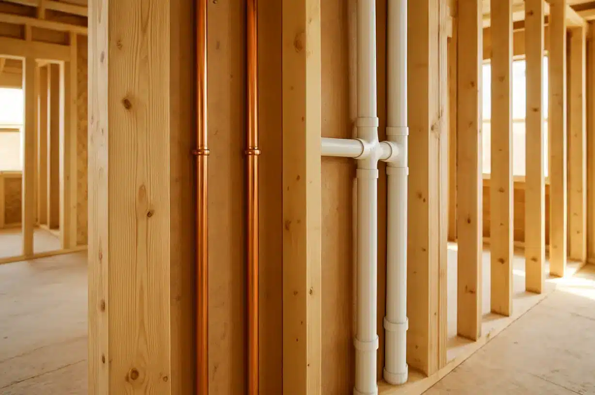 Plumbing pipes installed between wall studs in a new construction home