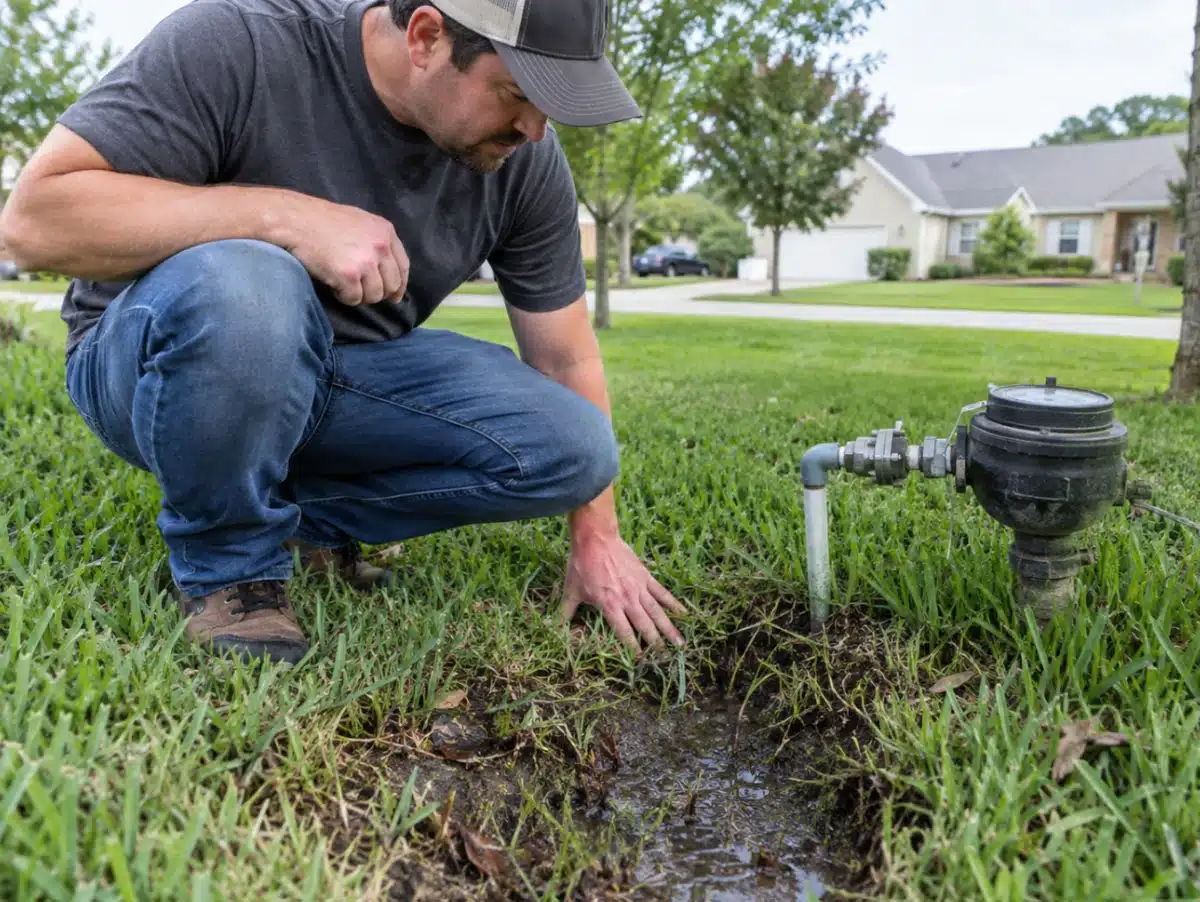 Homeowner looking at signs of water line damage on his lawn